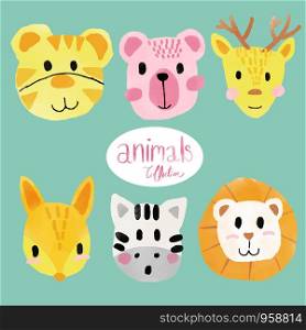 watercolor cute wild animal faces collection set , lion, tiger, bear, deer, horse, fox