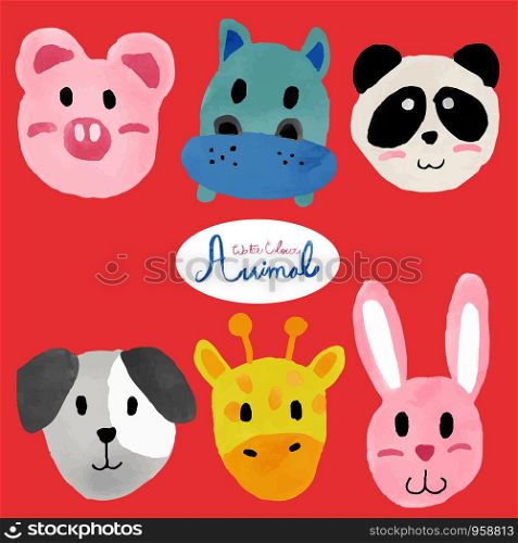 watercolor cute wild animal faces collection set , pig, hippo, panda, dog, giraffe, rabbit