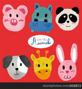watercolor cute wild animal faces collection set , pig, hippo, panda, dog, giraffe, rabbit