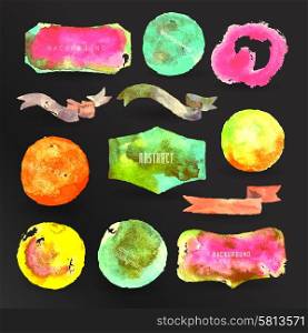 watercolor design elements, background, label, bubble, ribbon