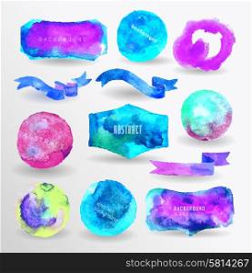 watercolor design elements, background, label, bubble, ribbon