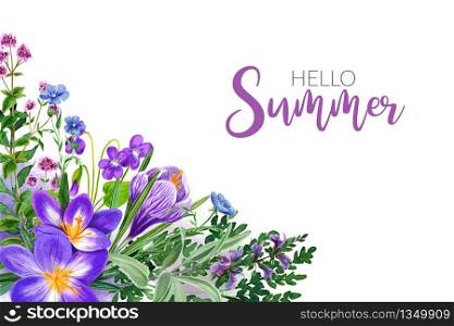 Watercolor field flowers, bright violet tints, corner frame, hand drawn illustration