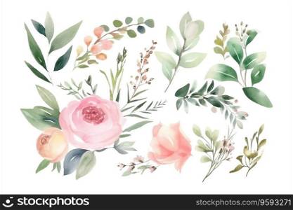 Watercolor floral bouquet set with green leaves vector image