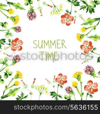 Watercolor floral greeting card. Vintage retro background with wildflowers. Summer vector background
