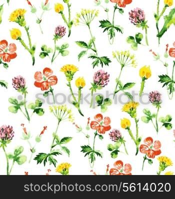 Watercolor floral seamless pattern. Vintage retro summer background with wildflowers