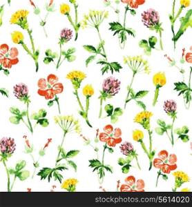 Watercolor floral seamless pattern. Vintage retro summer background with wildflowers