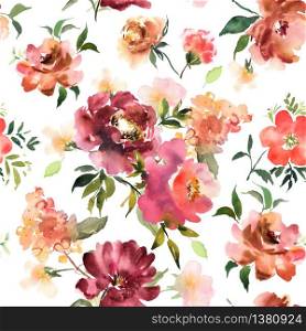 Watercolor floral seamless pattern with colorful hand drawn flowers and leaves. Vector roses. Watercolor floral seamless pattern with colorful hand drawn flow