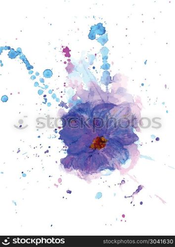 Watercolor Flower. Abstract stylized flower in watercolor with splatters on white background.