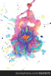 Watercolor Flower. Abstract stylized flower in watercolor with splatters on white background.