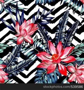 Watercolor flower lotus with of trendy blue floral plant jungle tropic palm tree and banana leaf. Print wallpaper paradise summer hand drawn vector seamless pattern. Black and white zig zag background