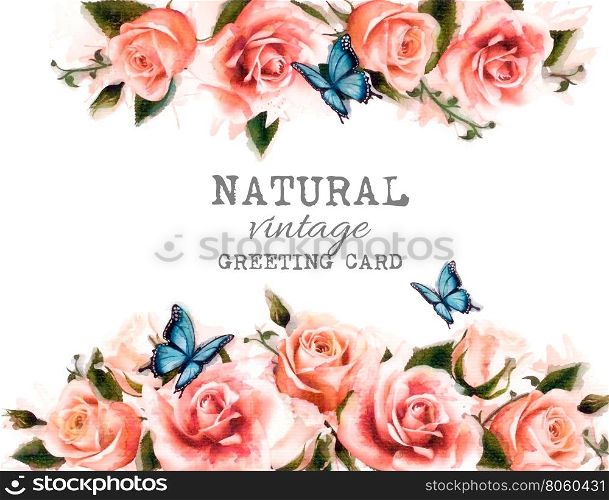 Watercolor flower vintage background with beautiful roses and butterflies? Vector