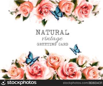 Watercolor flower vintage background with beautiful roses and butterflies? Vector