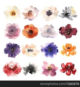 Watercolor flowers hand drawn colorful beautiful floral set with pink red blue blossom plant for cards prints and invitation. Vector