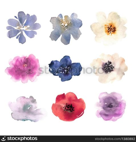 Watercolor flowers hand drawn colorful beautiful floral set with pink red blue blossom plant for cards prints and invitation. Vector