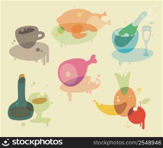 Watercolor food and drink icons. Vector illustration.