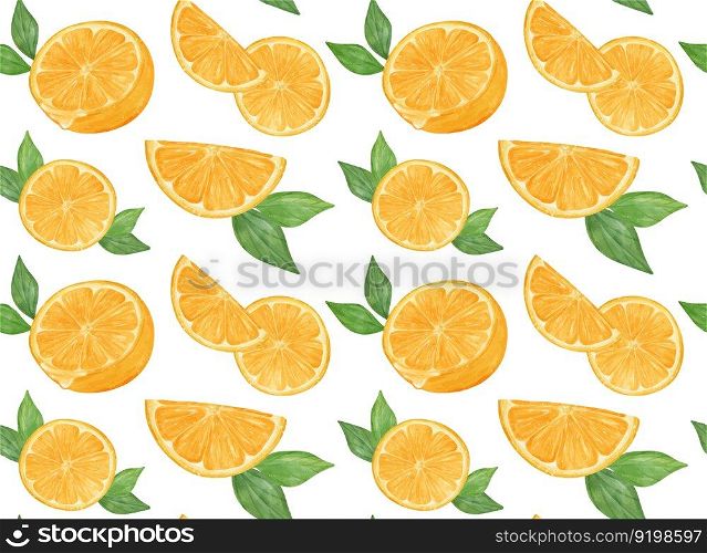 Watercolor fresh cut slice orange fruit  pattern seamless background hand drawing painted illustration isolated on white background