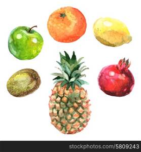 Watercolor fruits set with pineapple kiwi apple orange lemon and pomegranate isolated vector illustration. Watercolor Fruits Set