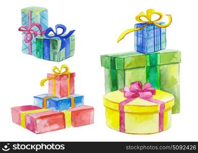 Watercolor gift boxes. Watercolor painted collection of gift boxes. Hand drawn holiday design elements isolated on white background.