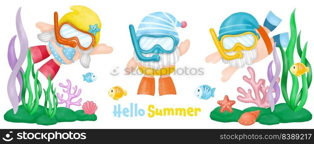 Watercolor Gnomes Diving Summer Clipart
