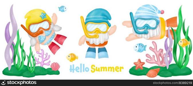 Watercolor Gnomes Diving Summer Clipart