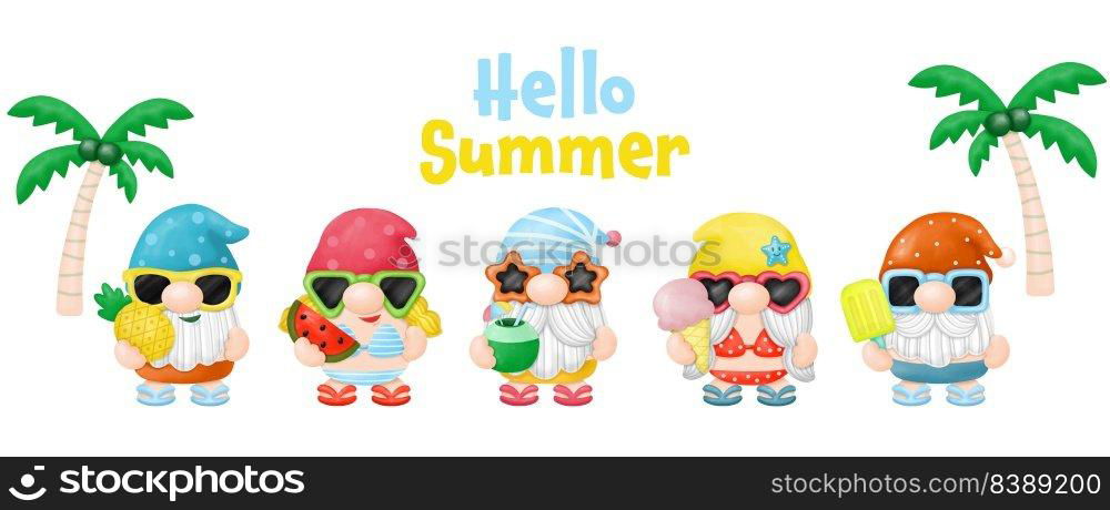 Watercolor Gnomes Summer Beach Clipart, PNG Digital painting