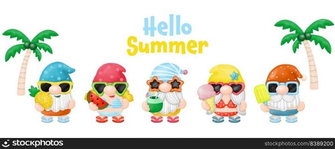 Watercolor Gnomes Summer Beach Clipart, PNG Digital painting