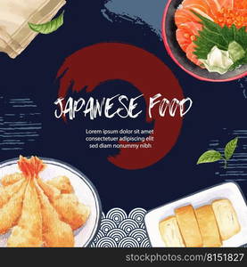 Watercolor graphic Creative sushi-themed for border frame. Blue waves vector illustration.