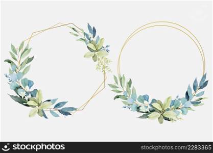 Watercolor green leaves with golden frames