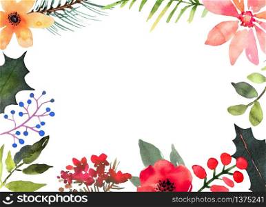 Watercolor green trees and leaves with colorful berries. Festive invitation on white background. Holiday frame. Design for print, wallpaper, textile.. Watercolor green trees and leaves with colorful berries. Festive invitation on white background. Holiday frame. Design for print, wallpaper, textile
