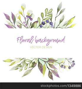 Watercolor greenery banner, card template, hand drawn vector illustration, tiny flora
