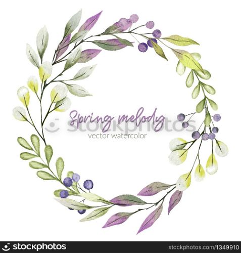 Watercolor greenery wreath, purple and green tints, berries, tiny delicate flora. Hand drawn vector illustration.