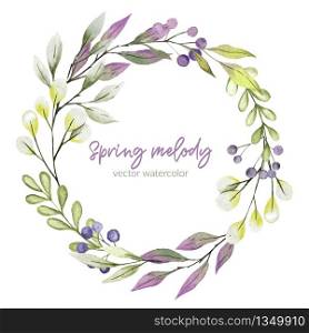Watercolor greenery wreath, purple and green tints, berries, tiny delicate flora. Hand drawn vector illustration.