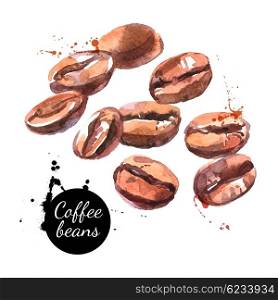 Watercolor hand drawn coffee beans. Isolated natural food vector illustration on white background