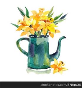 Watercolor hand drawn coffeepot with flowers. Design for card