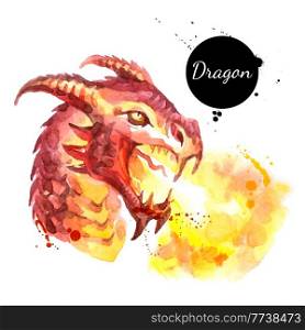 Watercolor hand drawn dragon head spitting fire illustration. Vector painted sketch isolated on white background