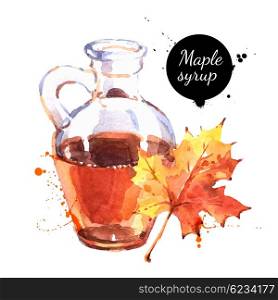 Watercolor hand drawn maple syrup in glass bottle and autumn leaf. Isolated eco natural food vector illustration on white background