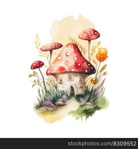 Watercolor hand drawn mushroom house. Vector illustration design.