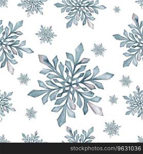 Watercolor hand drawn seamless pattern with blue, teal and rose colored snowflakes. Christmans New Year snow design for holiday greeting cards, print, textile, sale, web, design and wrapping paper.