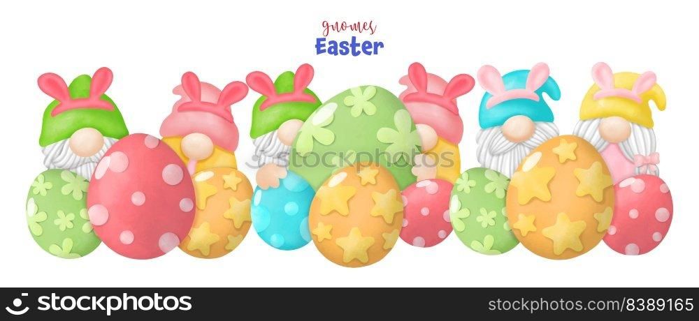 Watercolor happy Gnomes Easter Clipart, rabbit, egg, Digital painting