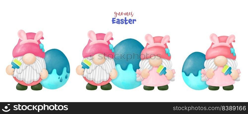 Watercolor happy Gnomes Easter Clipart, rabbit, egg, Digital painting