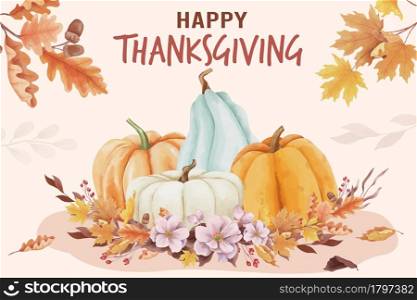 Watercolor happy thanksgiving day background with autumn leaves and pumpkins
