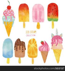 watercolor ice cream cone and Popsicle summer set