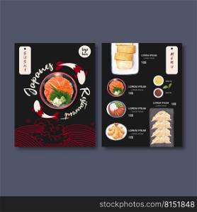 Watercolor illustration. Design sushi menu for restaurant, show various choice of Japanese food
