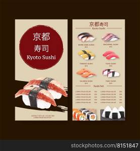 Watercolor illustration. Design sushi menu for restaurant showing various choice of Japanese food.