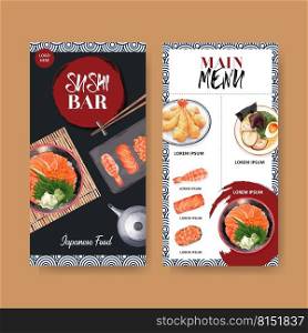 Watercolor illustration. Design sushi menu for restaurant with various choice of Japanese food.