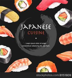 Watercolor illustration design with Creative sushi-themed for banners, advertisement and leaflet.