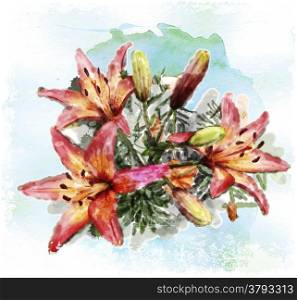 watercolor illustration of bouquet of lilies