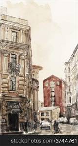 watercolor illustration of city scape