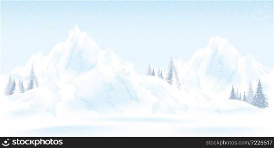 Watercolor illustration of winter mountains landscape with pines and hills, vector illustration.