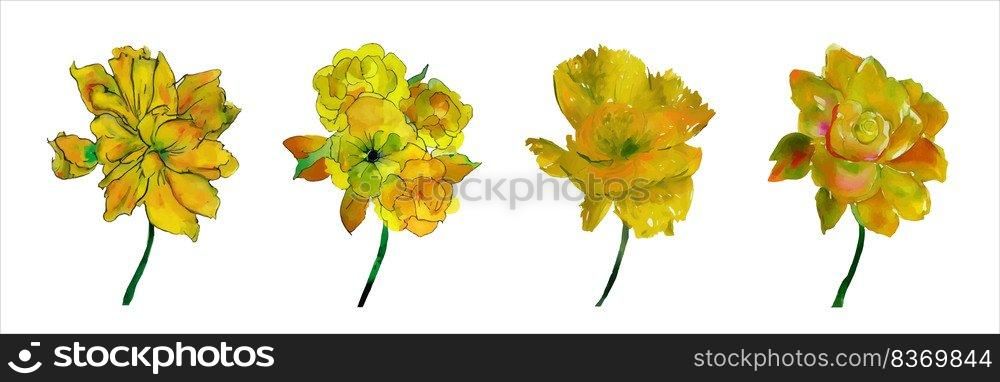 Watercolor illustration. Yellow yellow flowers watercolor isolated in retro style on white background.. Beautiful watercolor illustration with set of yellow flowers isolated on white background for decorative design.